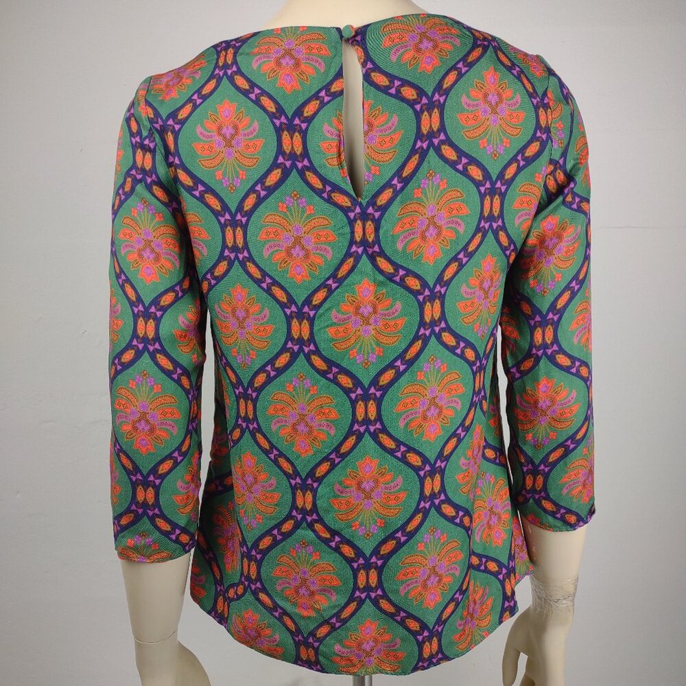 Boden green multicolor print round neck 3/4 sleeve top blouse ladies size 6 - Picture 5 of 9